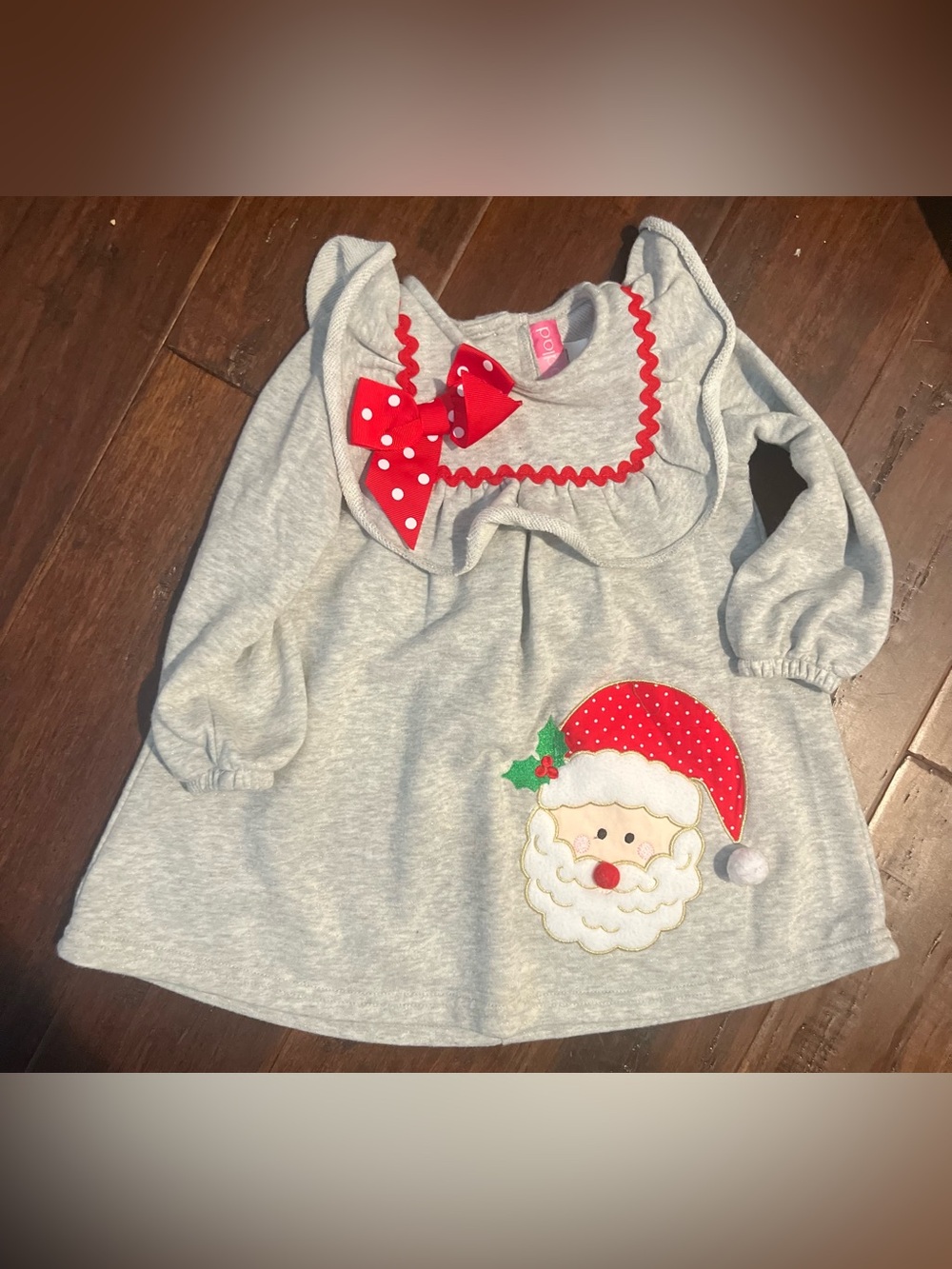 Good Lad Gray Dress with Red Trim and Santa Applique